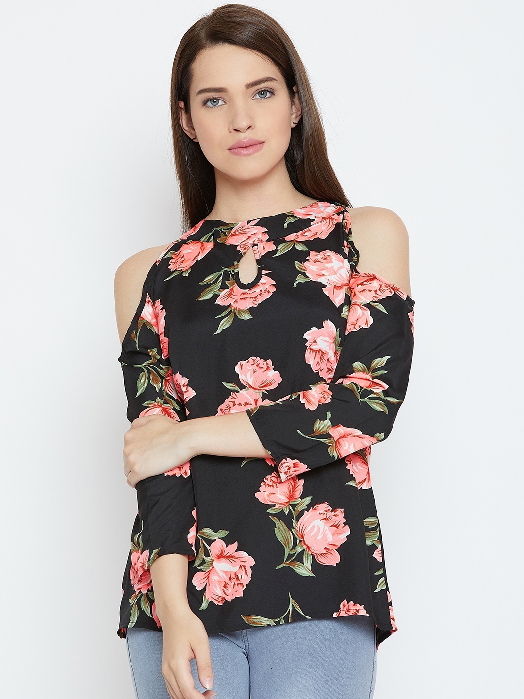 

Karmic Vision Black & Pink Floral Print Cold-Shoulder Top