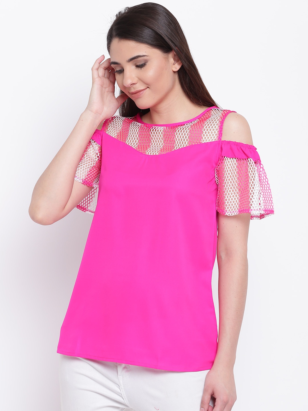 

Karmic Vision Women Fuchsia Solid Cold-Shoulder Top