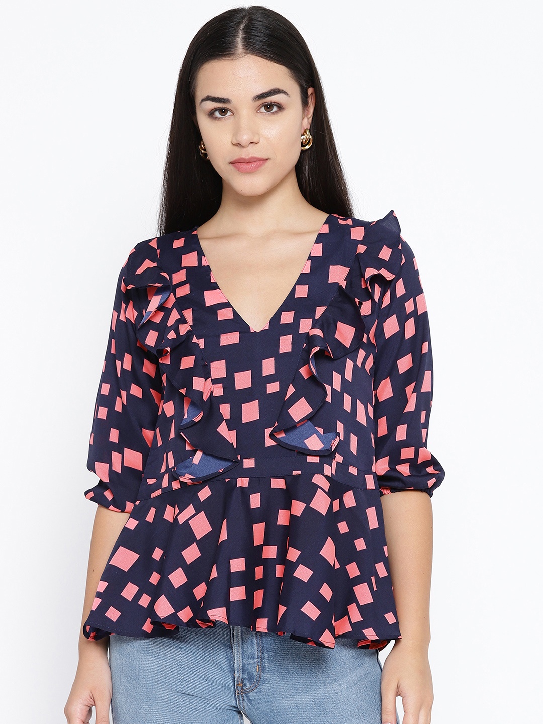 

Karmic Vision Women Navy Blue & Pink Printed Peplum Top