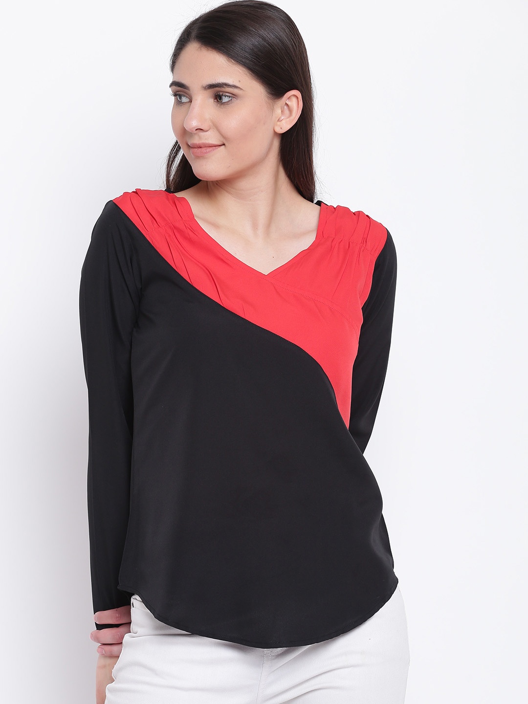 

Karmic Vision Women Black & Red Colourblocked Regular Top