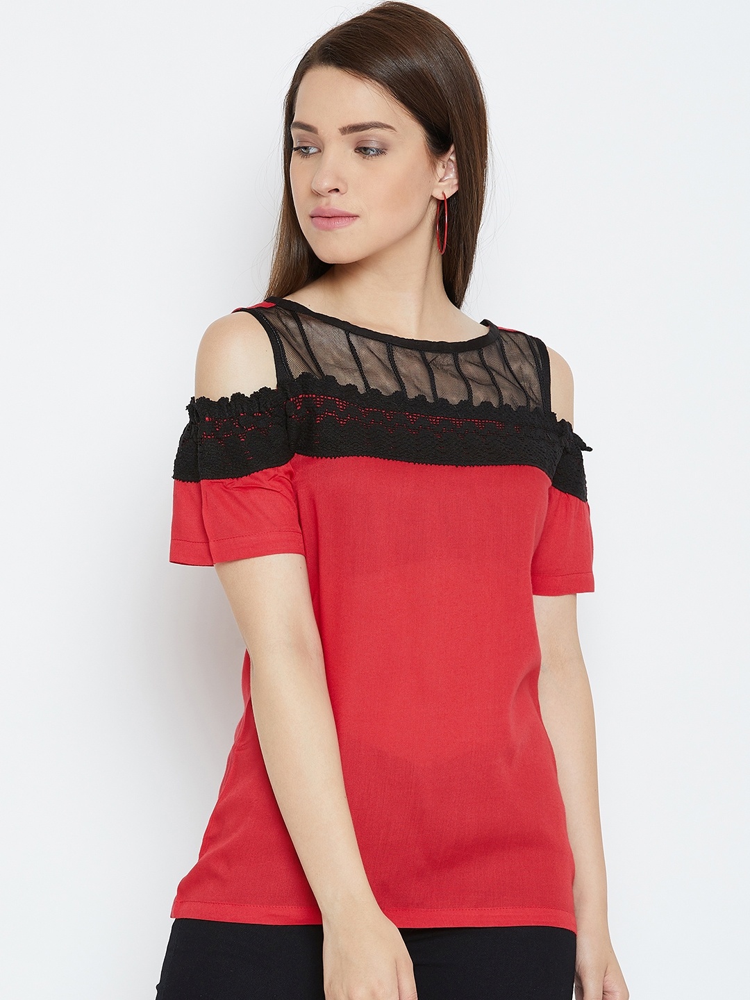 

Karmic Vision Women Red & Black Solid Cold-Shoulder Top