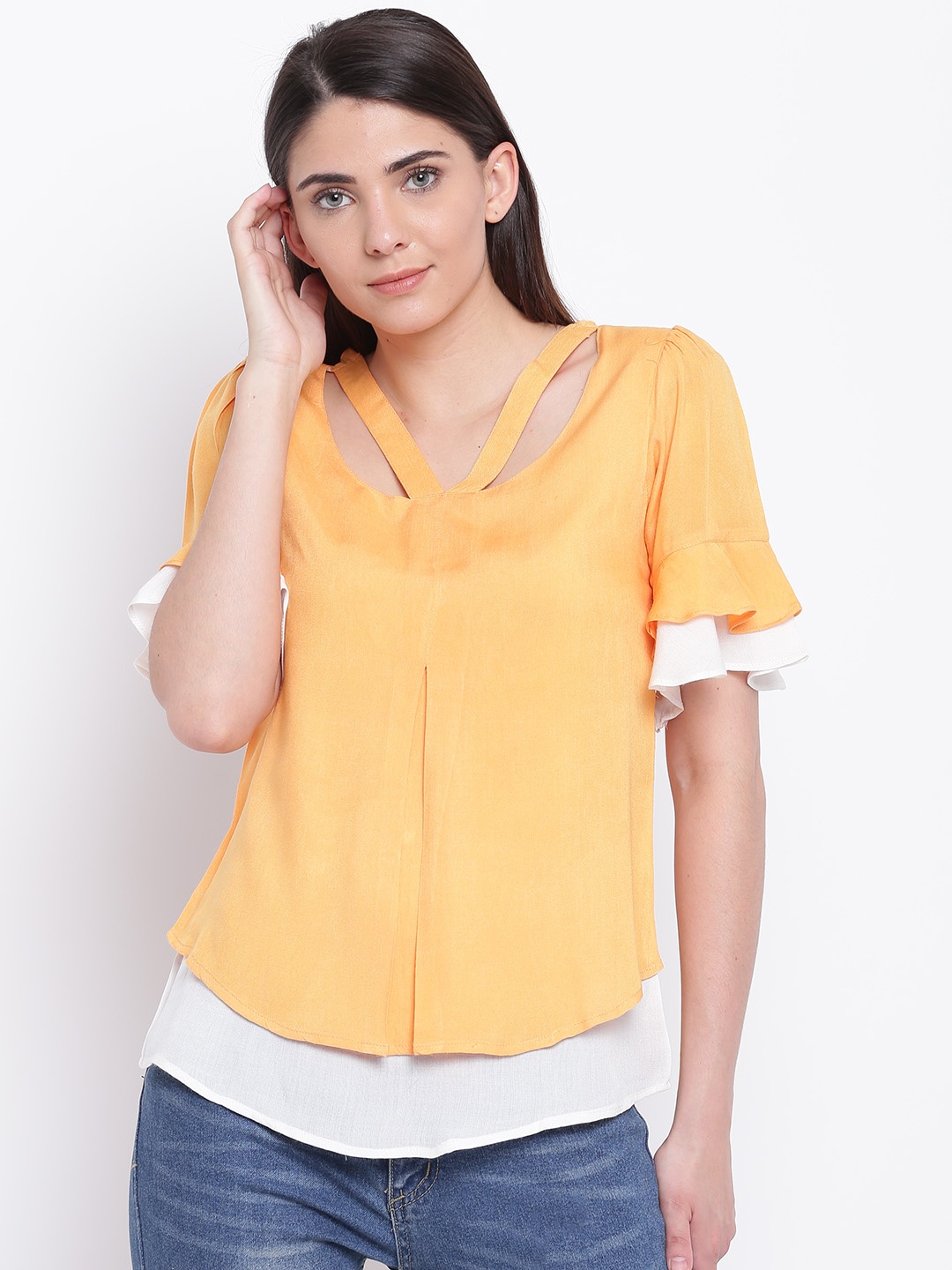 

Karmic Vision Women Yellow Solid Layered Regular Top