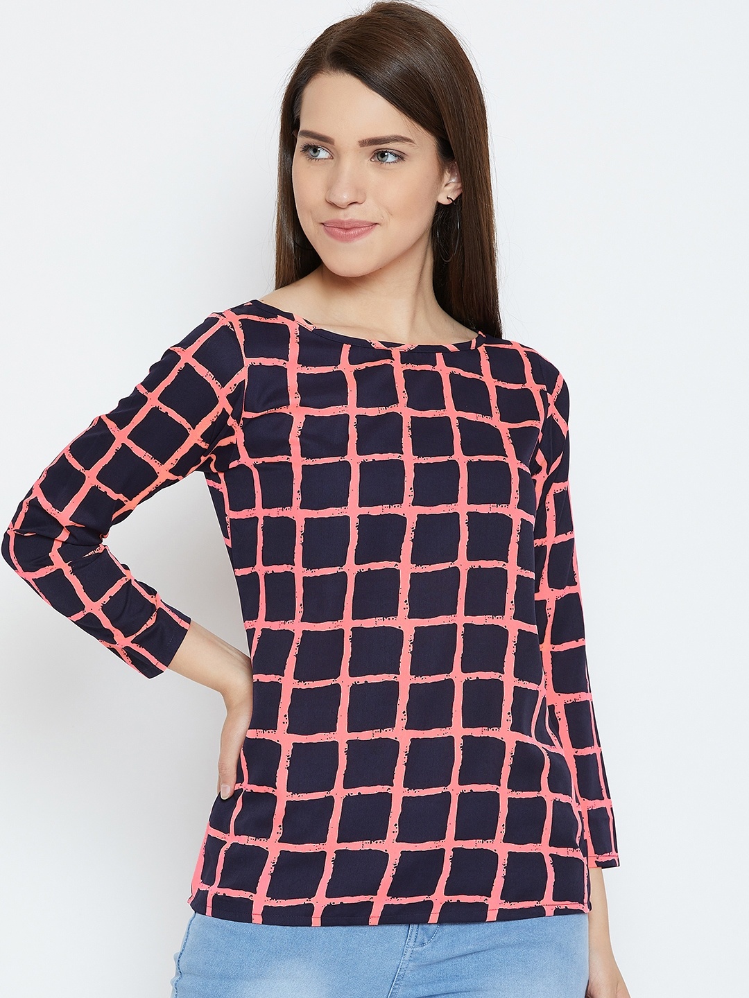 

Karmic Vision Women Navy Blue & Coral Pink Checked Top