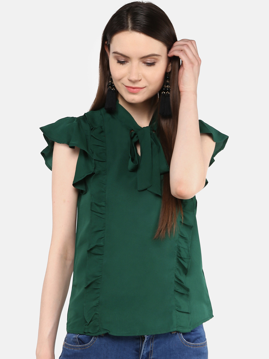 

Karmic Vision Women Green Solid Ruffle Detail Top
