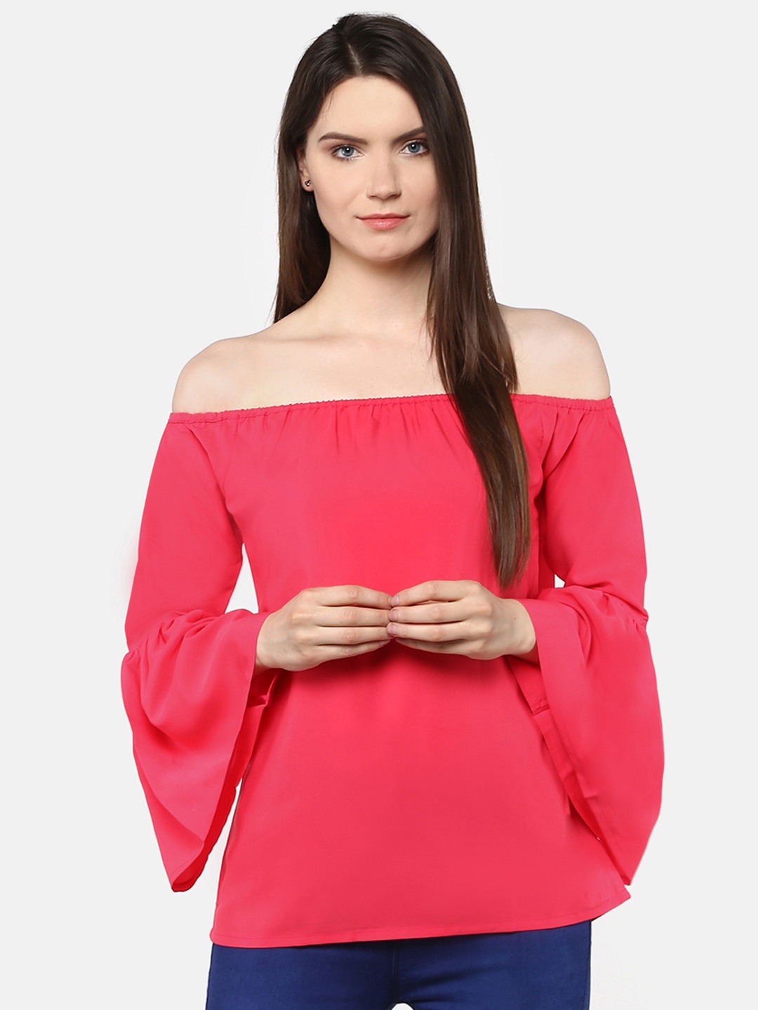 

Karmic Vision Woman Coral Pink Solid Bardot Top
