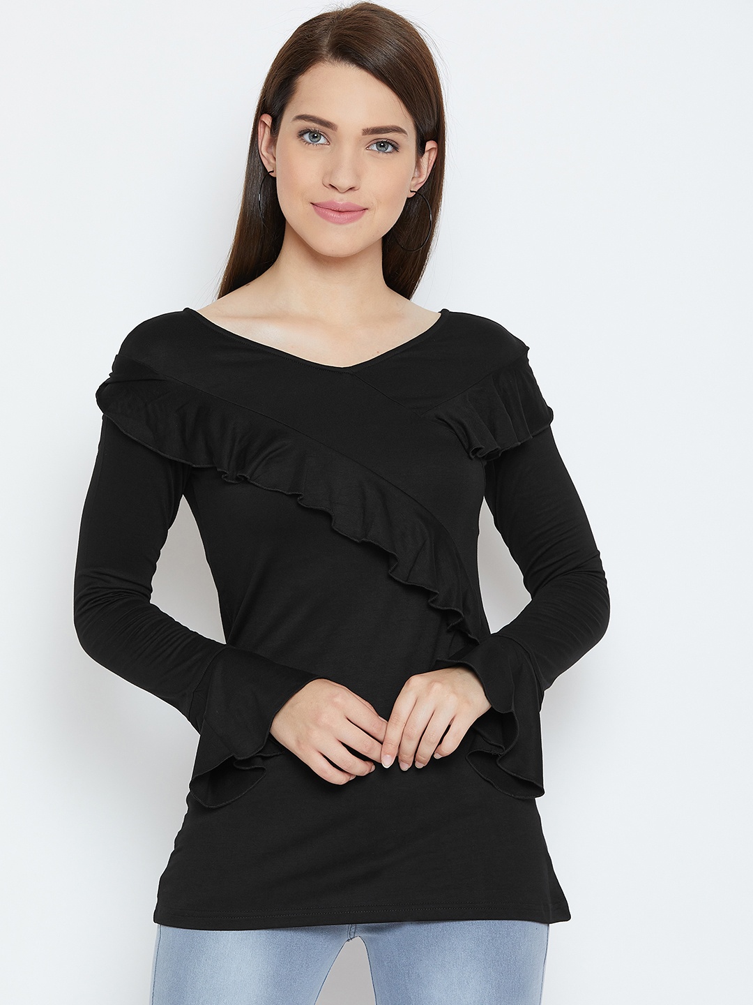 

Karmic Vision Black Solid Ruffle Detail Top