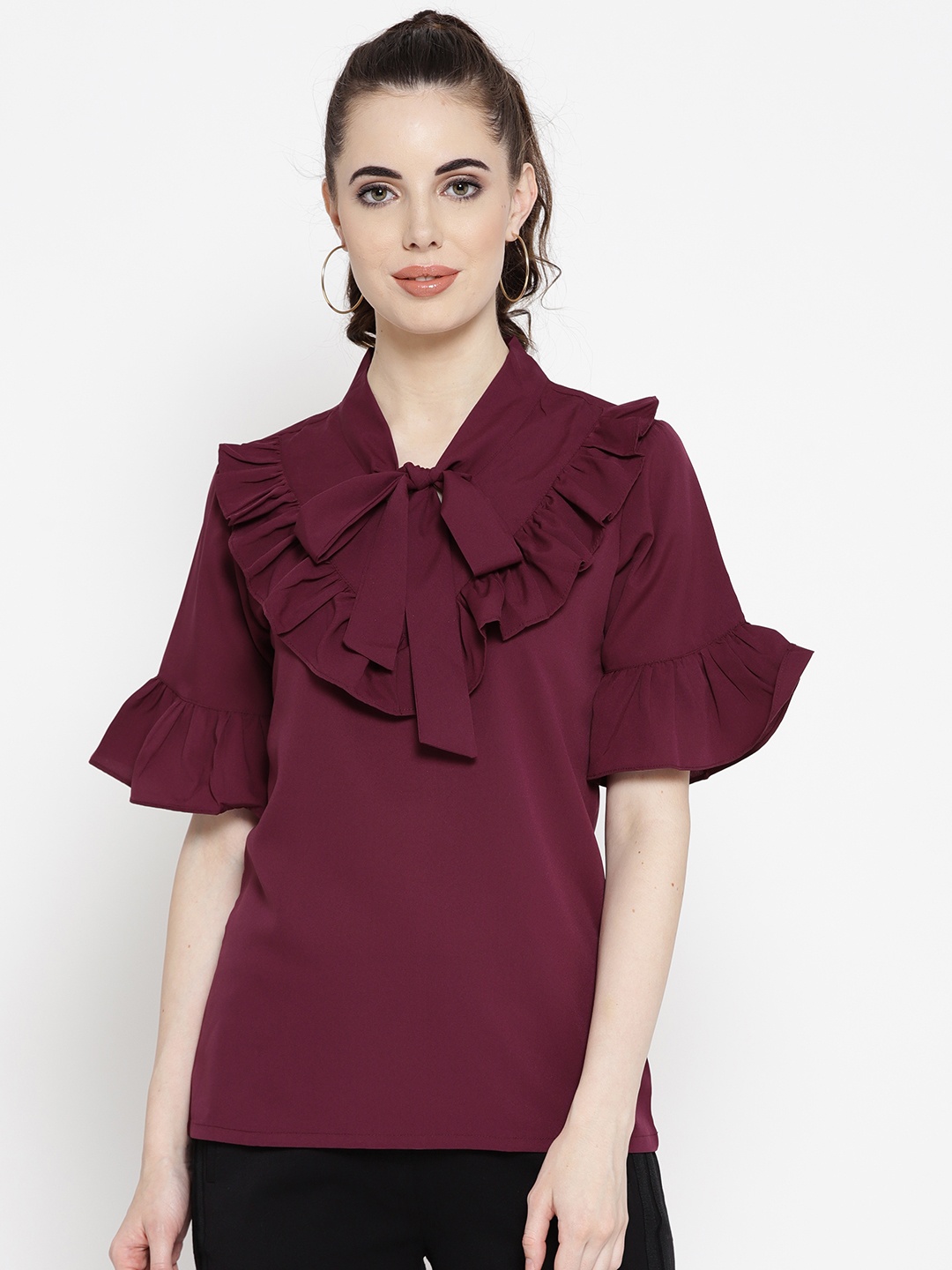 

Karmic Vision Women Burgundy Solid Ruffled Top