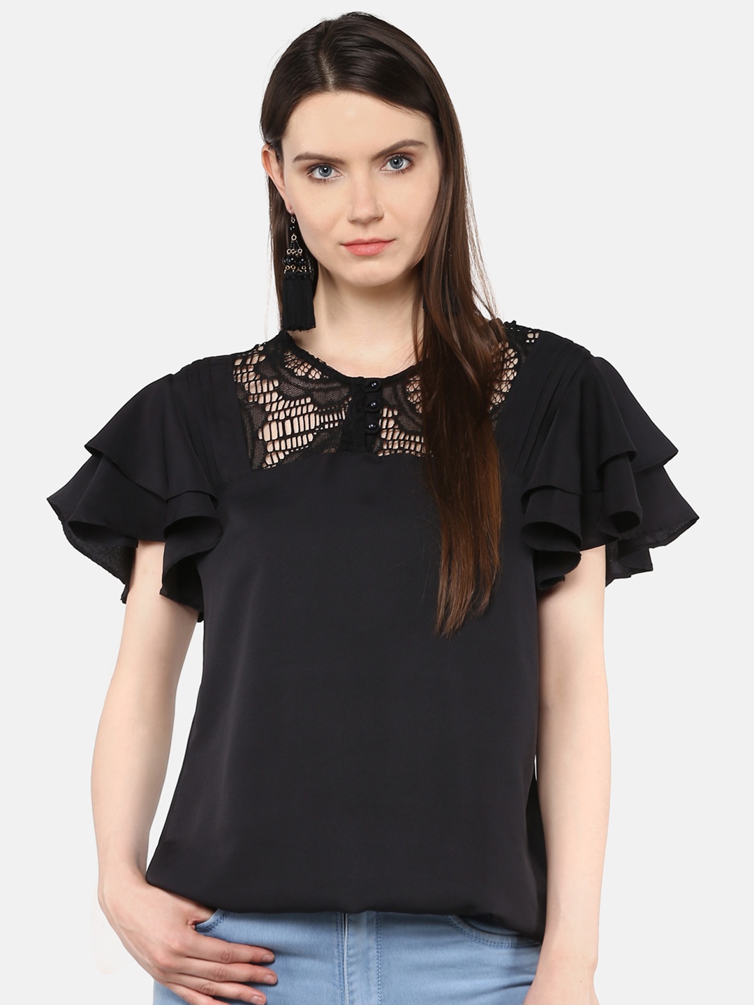 

Karmic Vision Women Black Solid Lace Detail Blouson Top