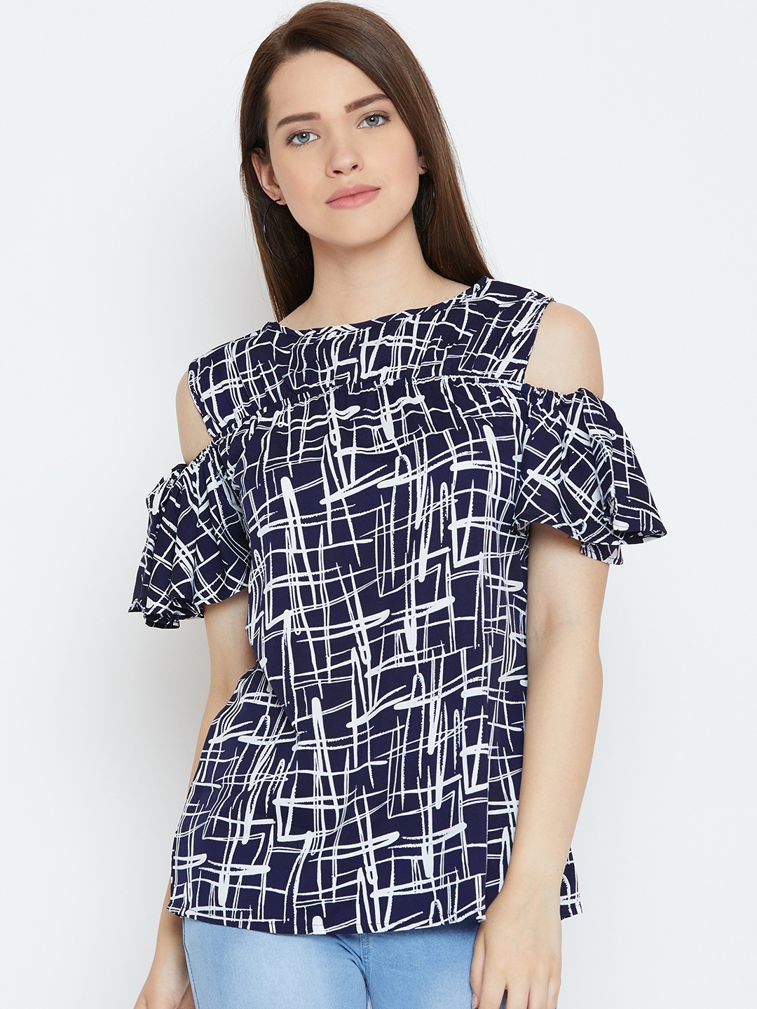 

Karmic Vision Women Navy Blue & White Printed Cold-Shoulder Top