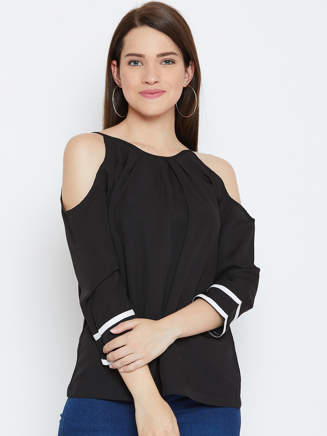 

Karmic Vision Women Black Solid Cold-Shoulder Top