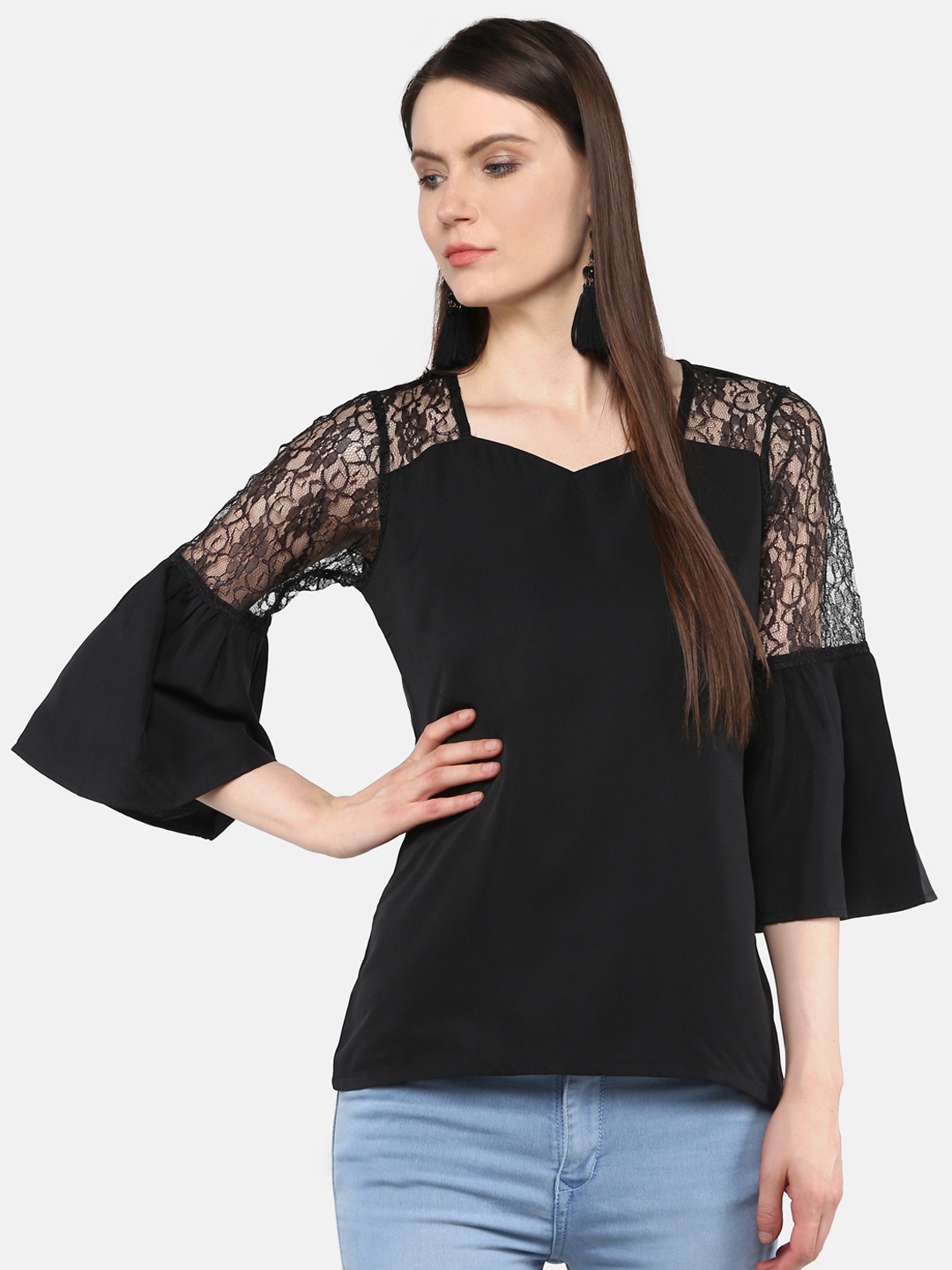 

Karmic Vision Women Black Solid Lace Detail Top