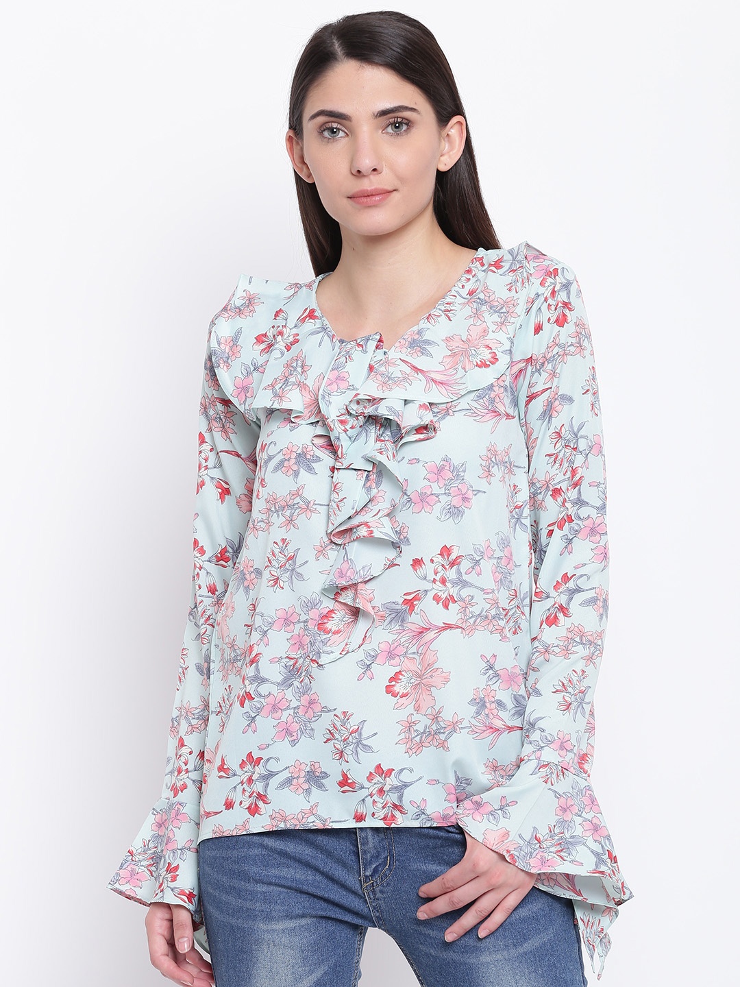 

Karmic Vision Women Sea Green & Pink Printed Top with Ruffles