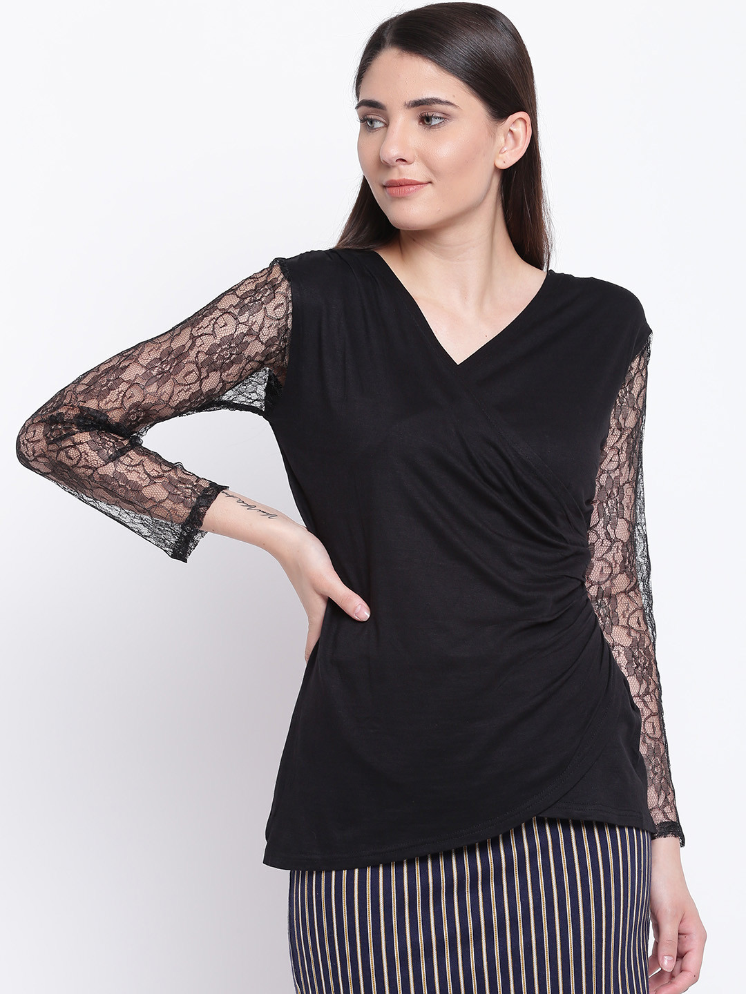 

Karmic Vision Women Black Solid Wrap Top
