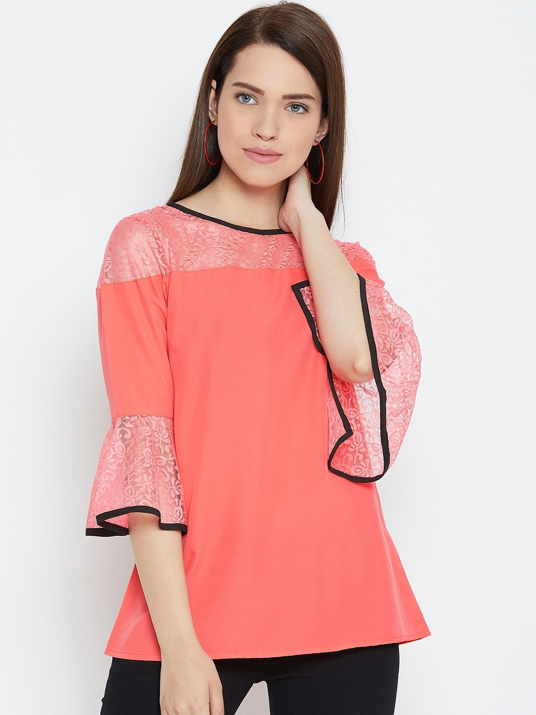

Karmic Vision Women Coral Orange Lace Detail Top