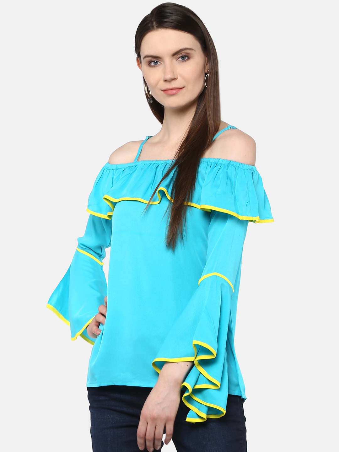 

Karmic Vision Women Turquoise Blue Solid Bardot Top