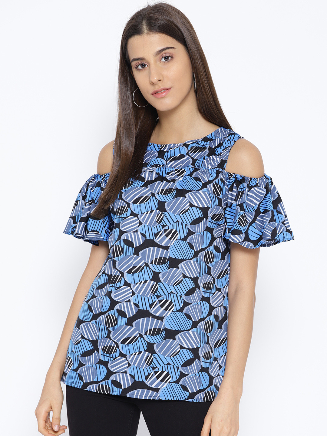 

Karmic Vision Women Blue Printed Cold-Shoulder Top