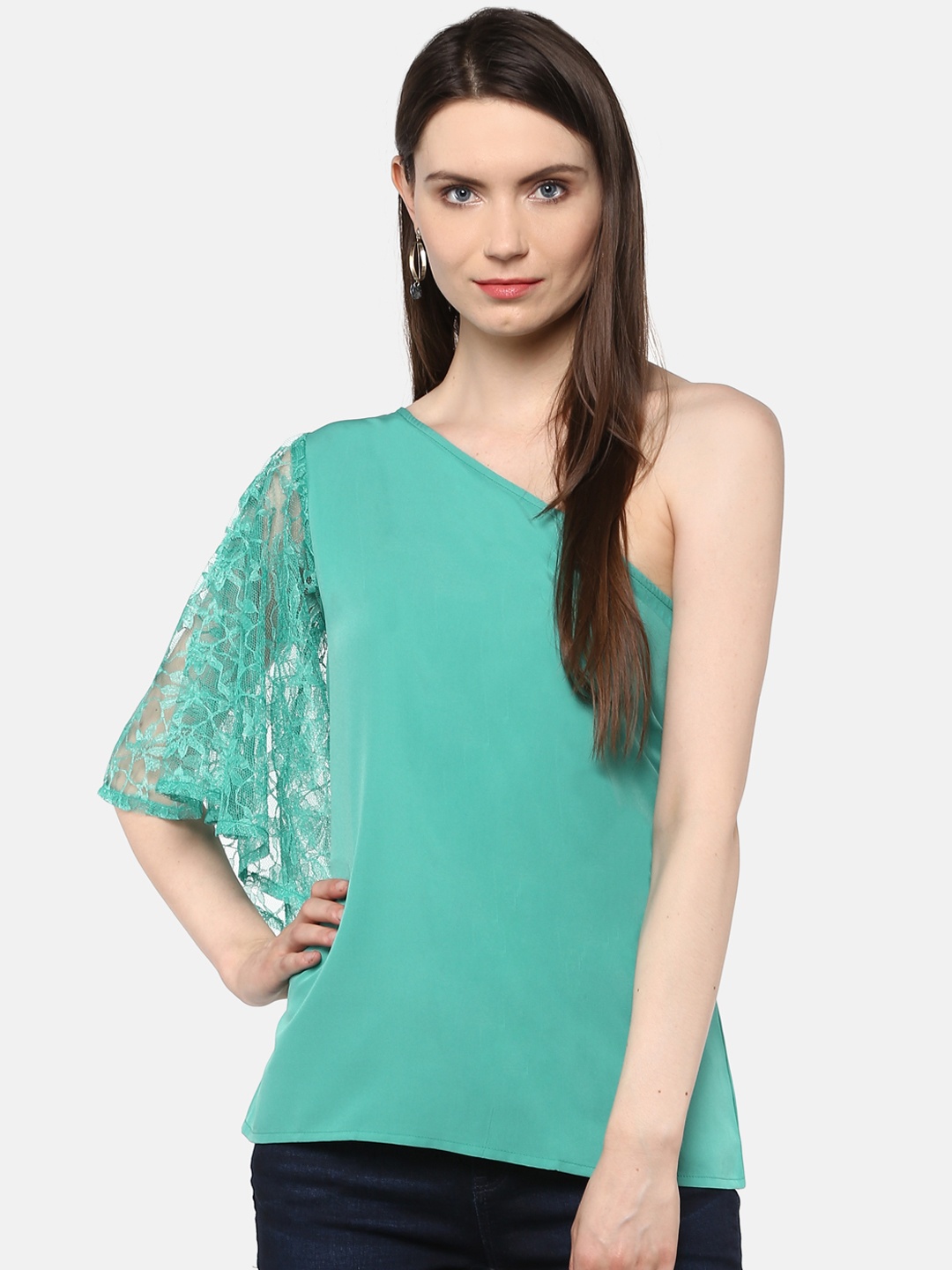 

Karmic Vision Women Green Solid One-Shoulder Top