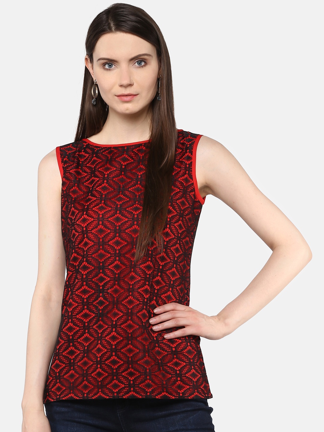 

Karmic Vision Women Red & Black Lace Top