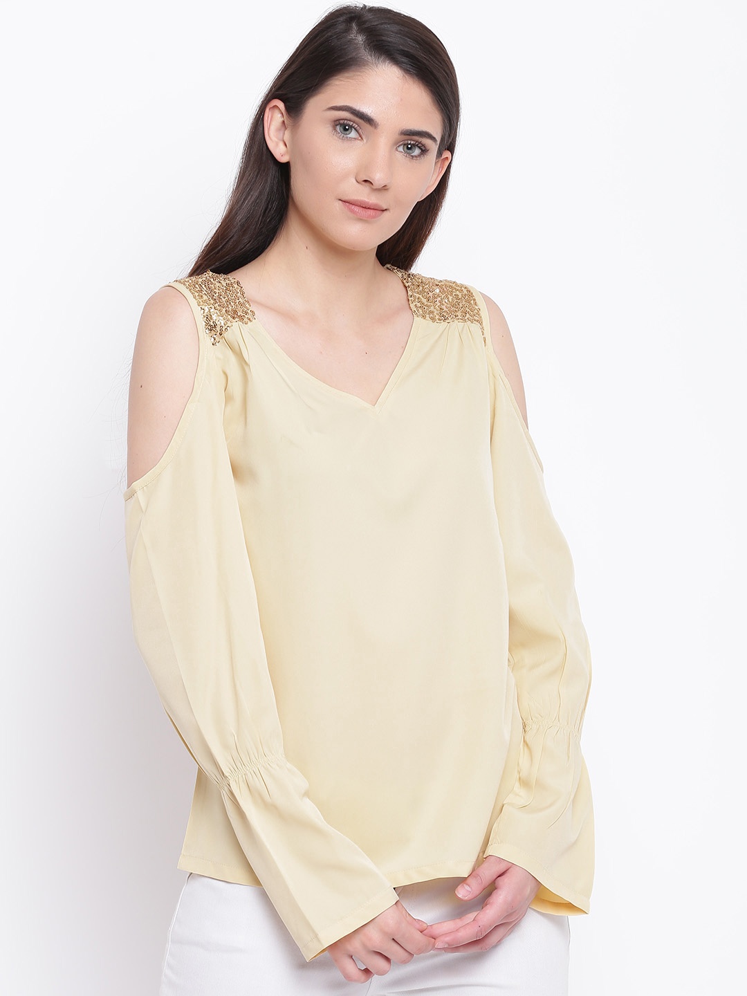 

Karmic Vision Women Cream-Coloured Solid Cold-Shoulder Top