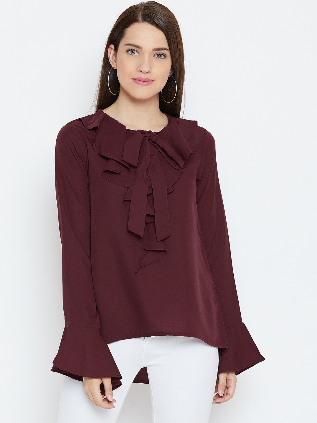 

Karmic Vision Burgundy Solid Ruffle Detail High-Low Top