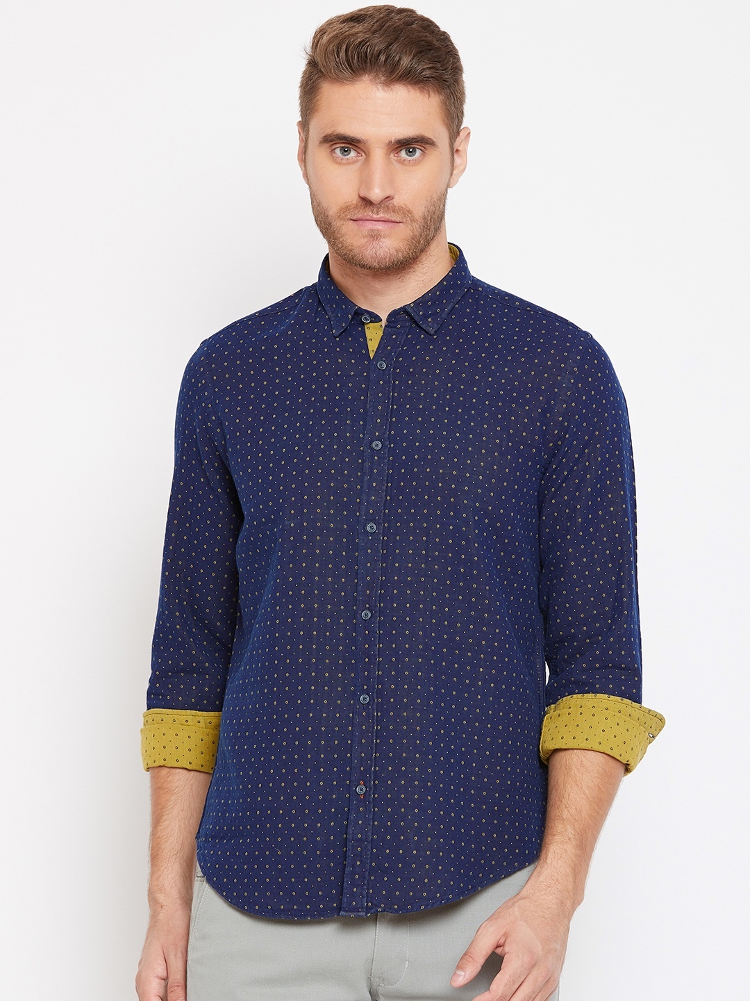 

Blackberrys Men Navy Blue & Mustard Slim Fit Self Design Casual Shirt