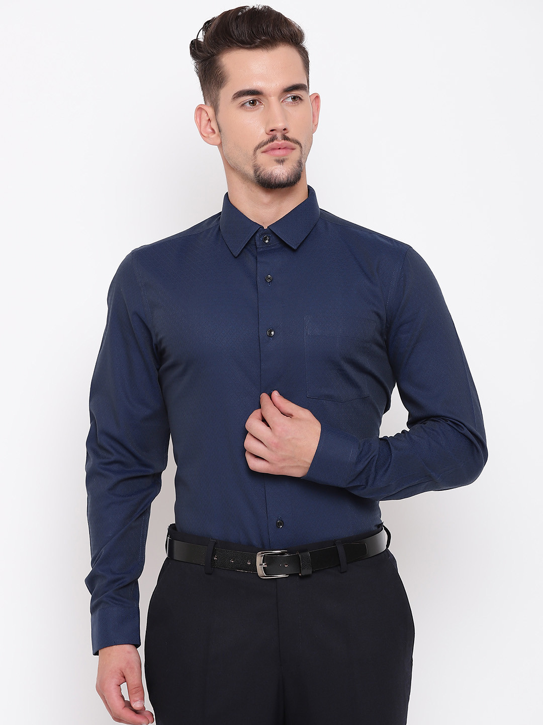 

Blackberrys Men Navy Blue Self-Design Slim Fit Party Wear Shirt