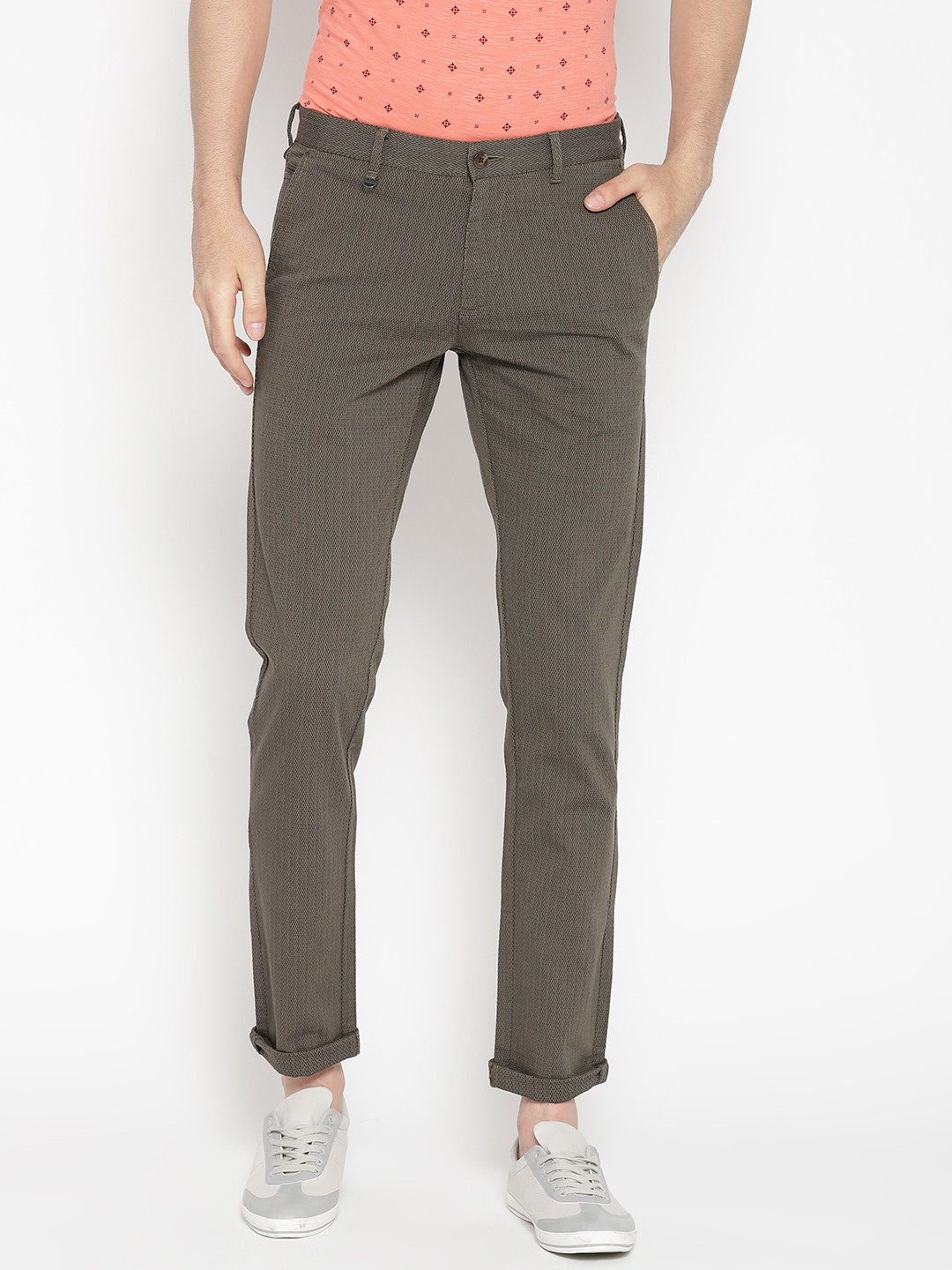 

Blackberrys Men Olive Green Regular Fit Self Design Trousers