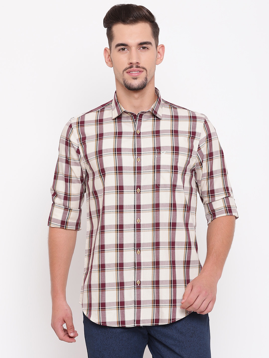 

Blackberrys Men Beige & Maroon Checked Slim-fit Casual Shirt