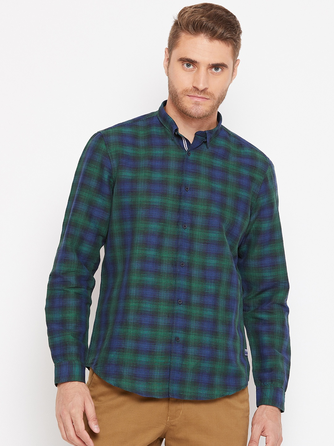 

Blackberrys Men Navy Blue & Green Slim Fit Checked Casual Shirt