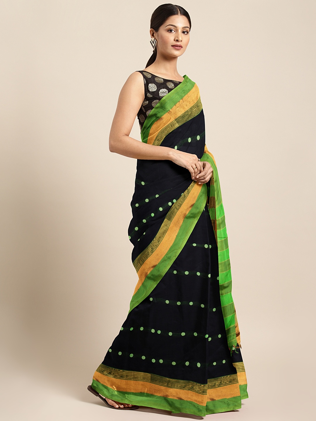 

aamna Black & Green Silk Cotton Woven Design Saree