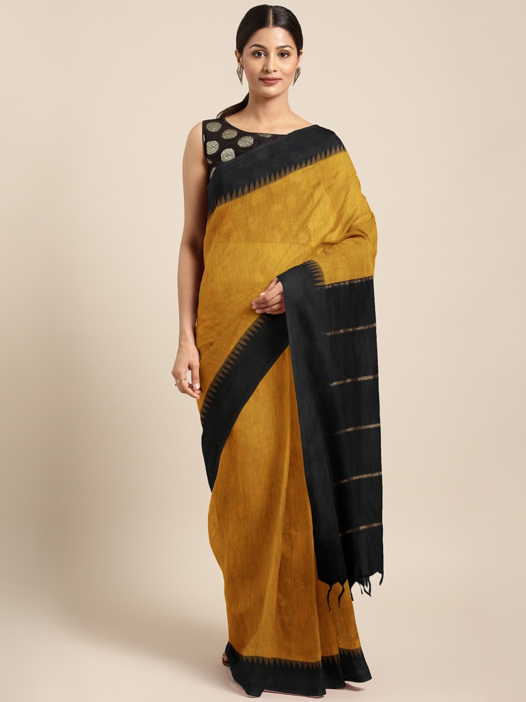 

aamna Mustard Yellow Solid Silk Cotton Saree, Gold