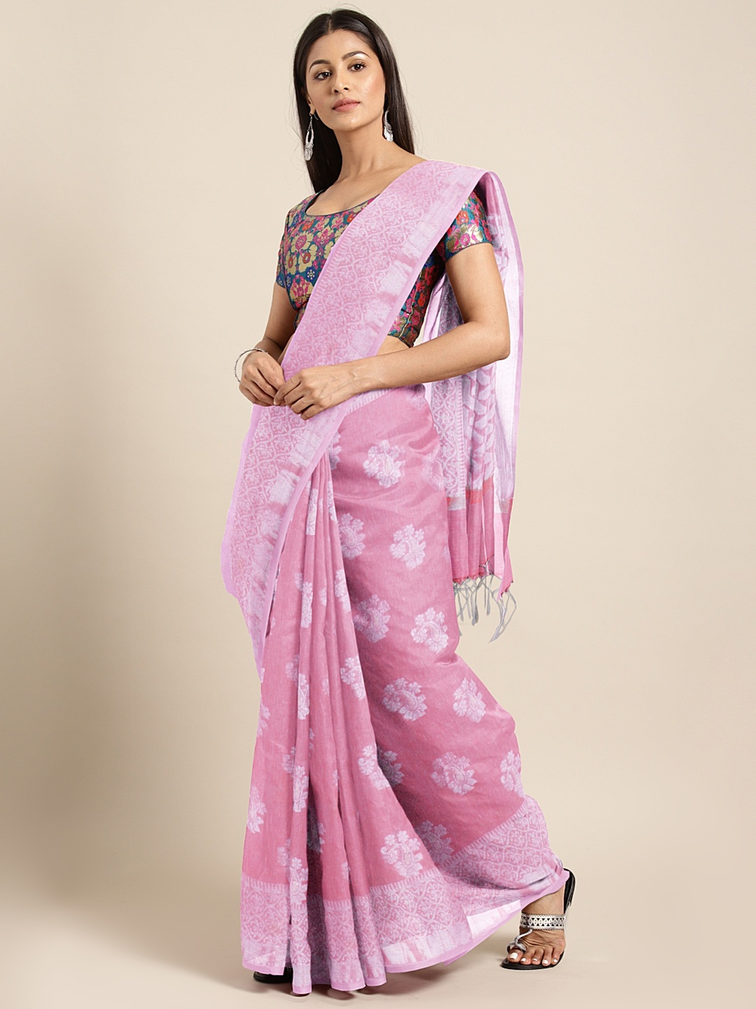 

aamna Pink & Silver-Toned Pure Linen Woven Design Banarasi Saree