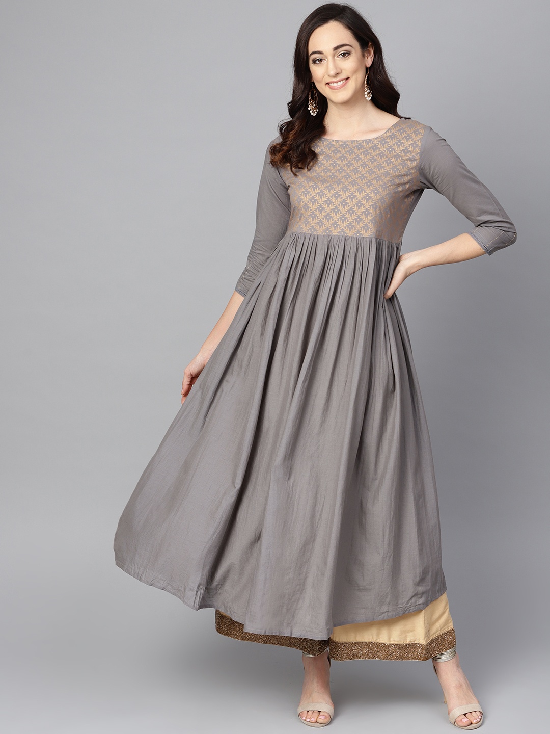 

Varanga Women Grey & Gold-Toned Yoke Design A-Line Kurta