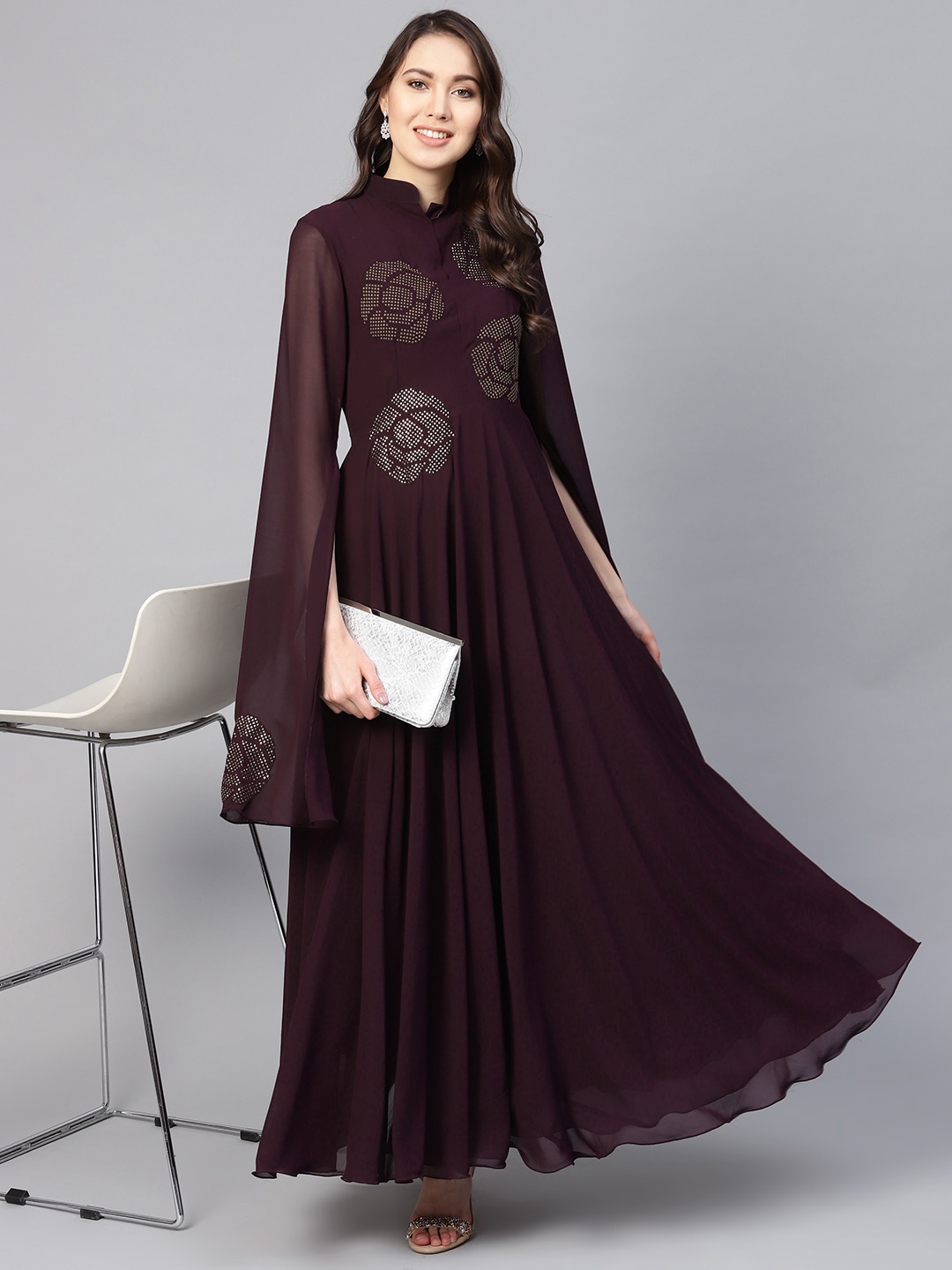 

Inddus Women Deep Purple Embellished Yoke Maxi Dress