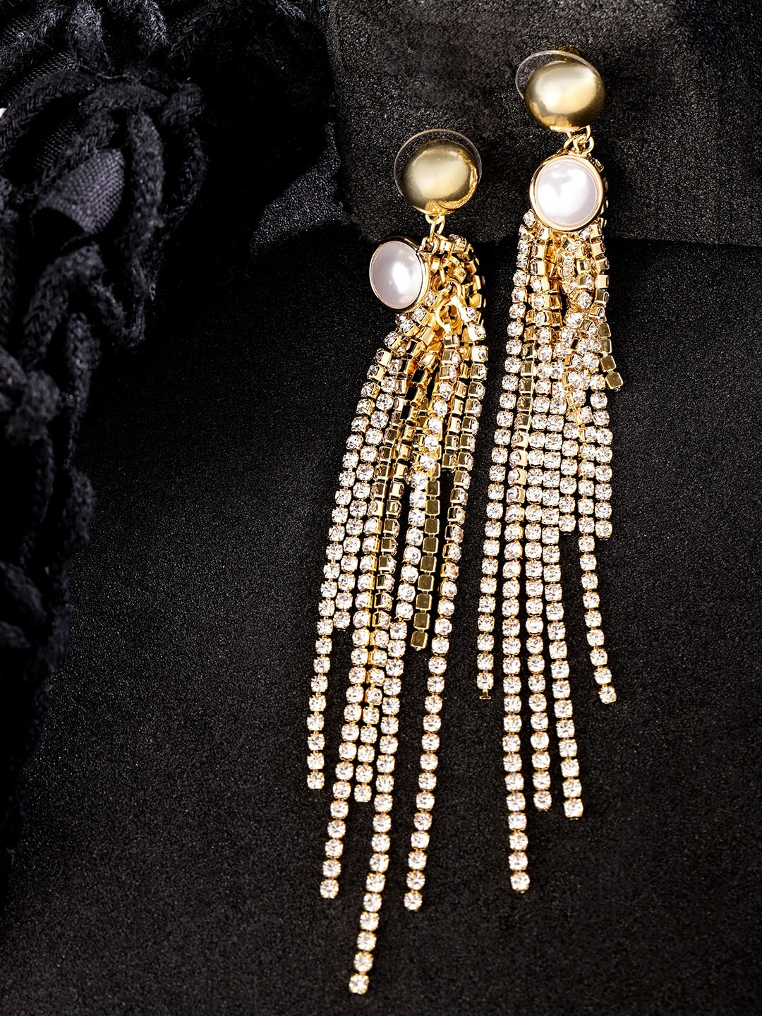 

Jewels Galaxy Gold-Plated Stone-Studded Tasselled Drop Earrings