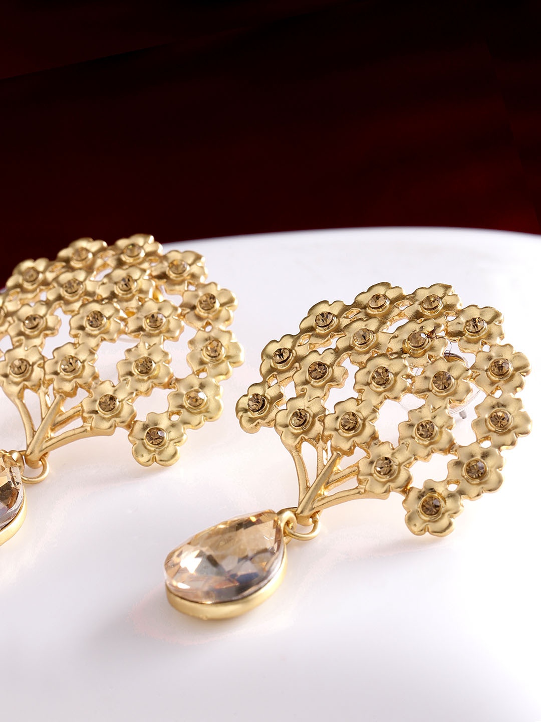

Jewels Galaxy Gold-Plated Stone-Studded Floral Drop Earrings