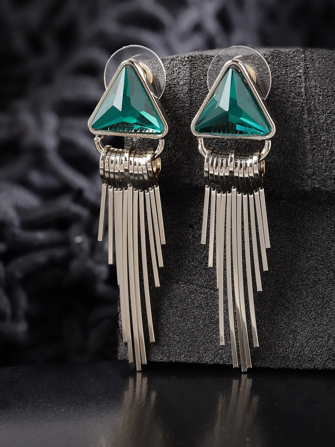 

Jewels Galaxy Green & Silver-Toned Copper-Plated Triangular Spiked Drop Earrings