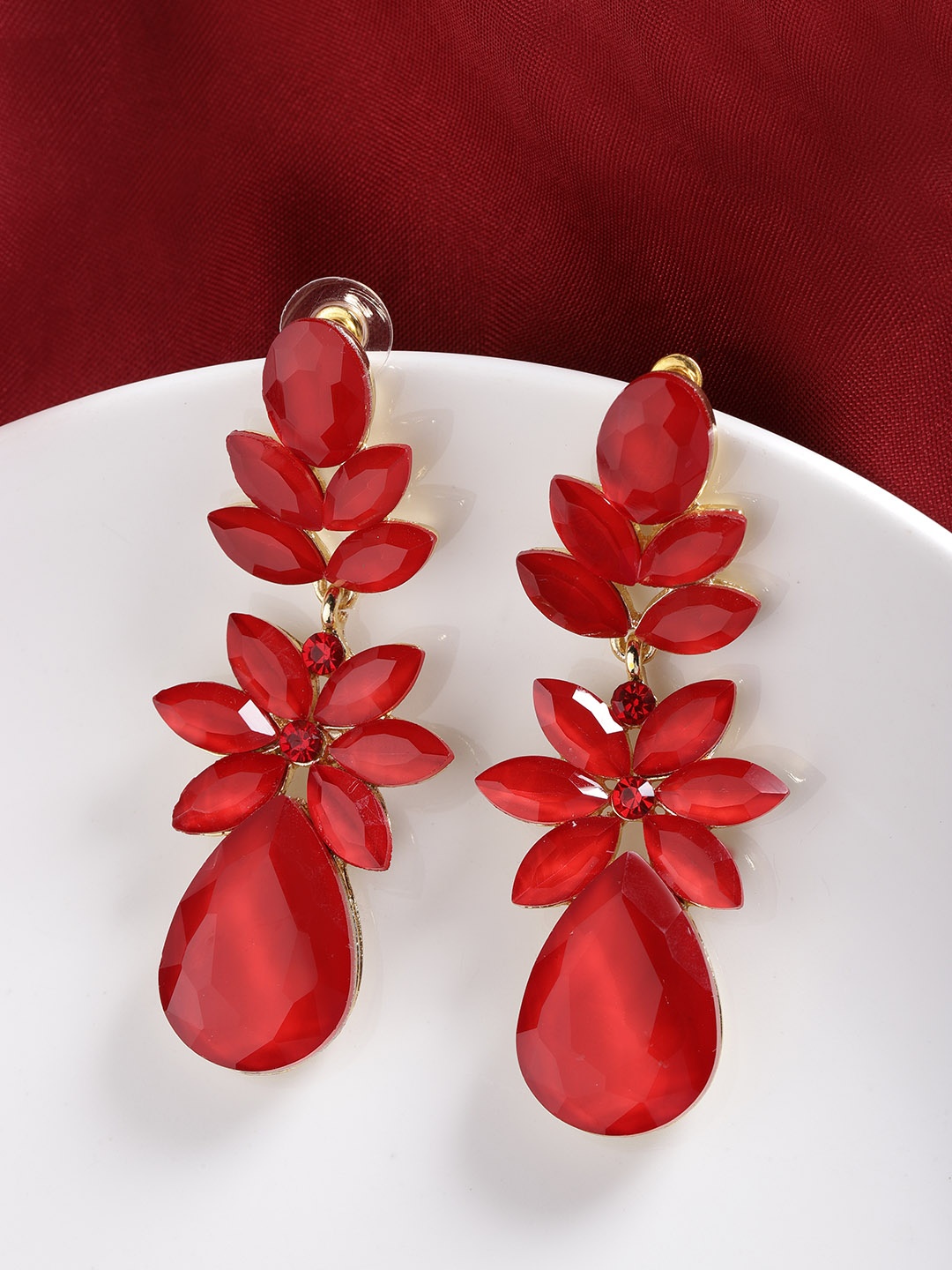 

Jewels Galaxy Red Gold-Plated Stone-Studded Teardrop-Shaped Drop Earrings