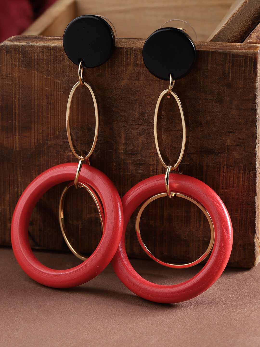 

Jewels Galaxy Black & Red Gold-Plated Circular Drop Earrings