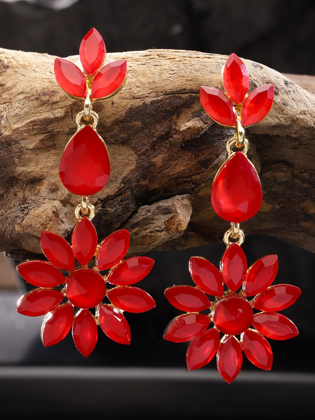 

Jewels Galaxy Red Gold-Plated Stone-Studded Floral Drop Earrings