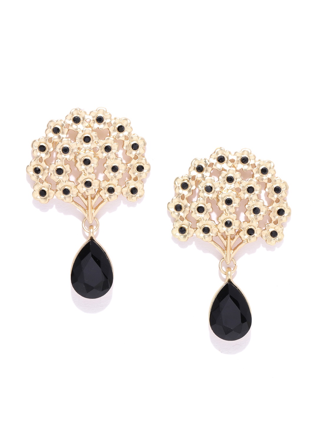 

Jewels Galaxy Black Gold-Plated Stone-Studded Floral Drop Earrings