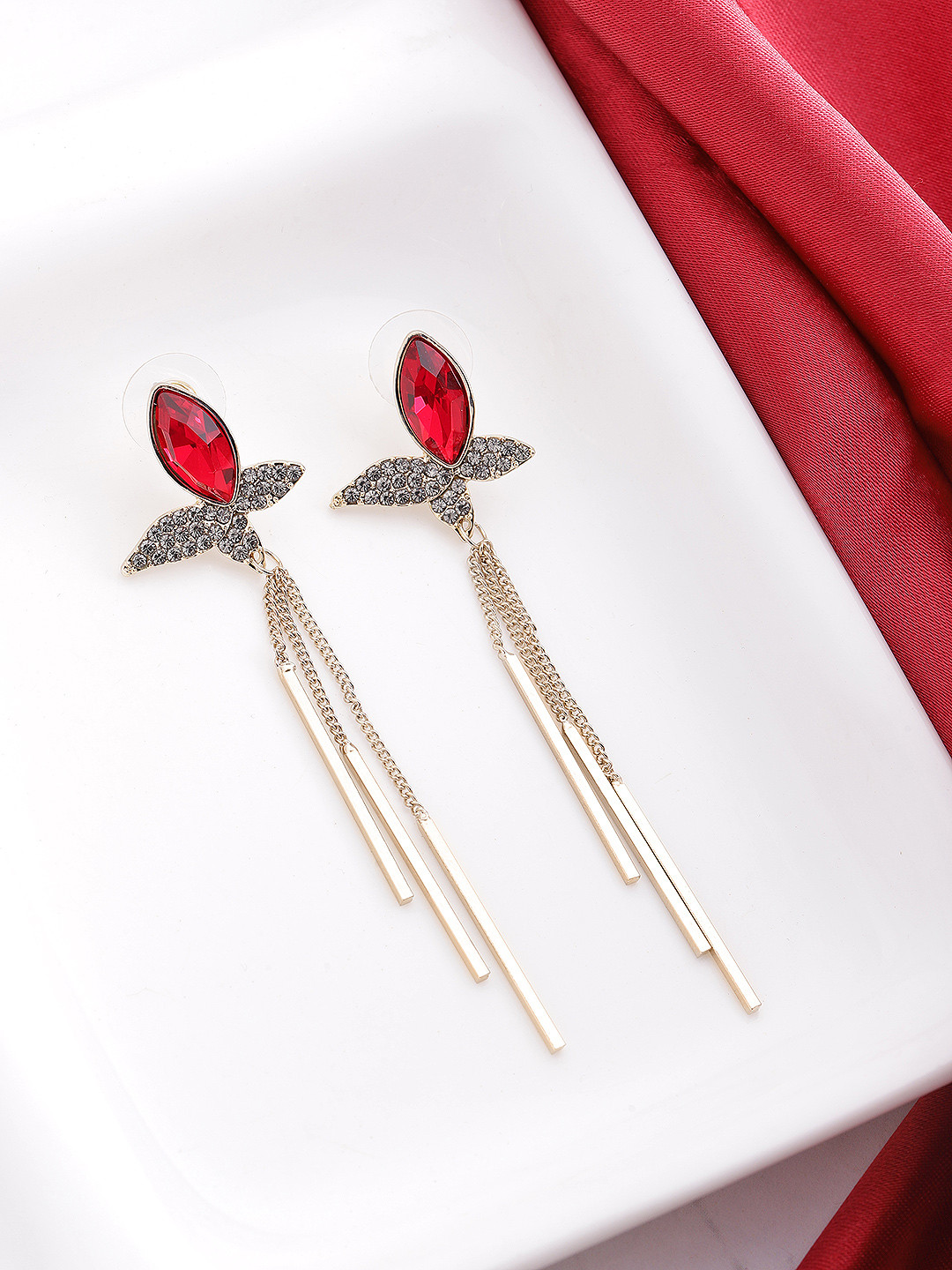 

Jewels Galaxy Red Gold-Plated Stone-Studded Tasselled Contemporary Drop Earrings