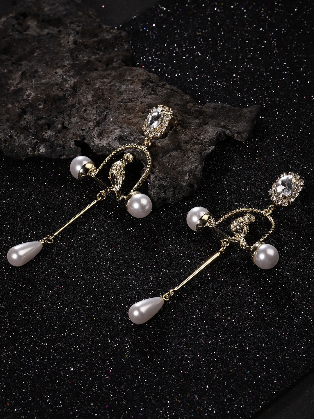 

Jewels Galaxy Women White Gold-Plated Stone-Studded Contemporary Drop Earrings