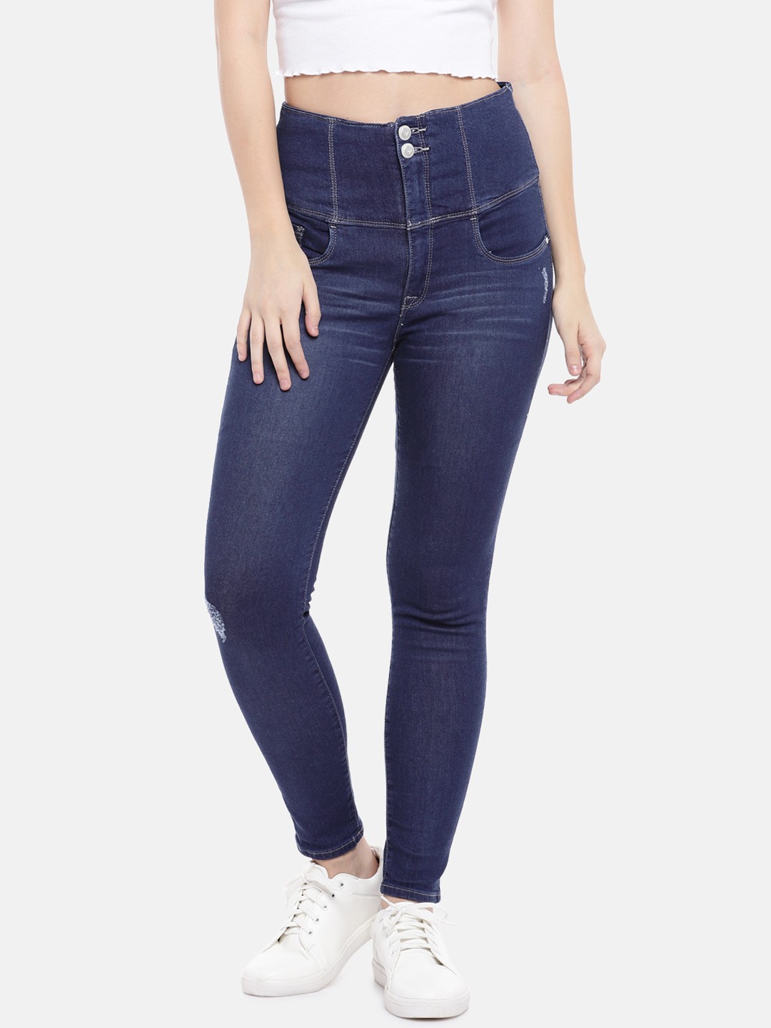 

Flying Machine Women Navy Blue Regular Fit High-Rise Low Distress Stretchable Jeans