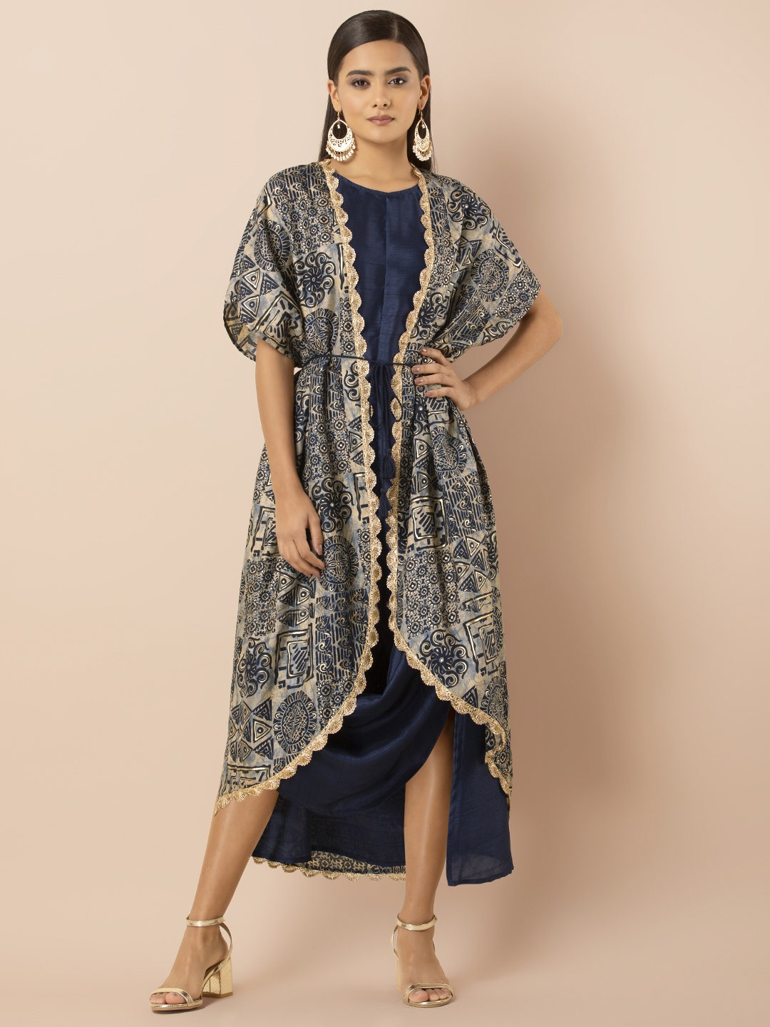 

INDYA Blue Printed Open Front Shrug