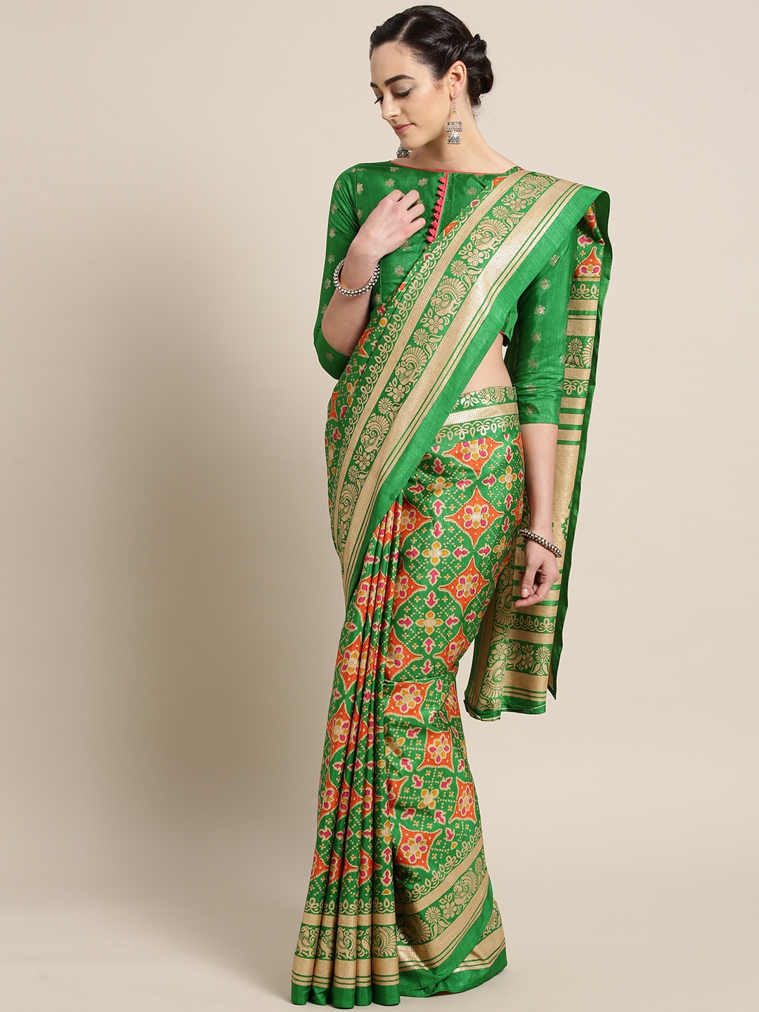 

Saree mall Green & Orange Printed Patola Saree