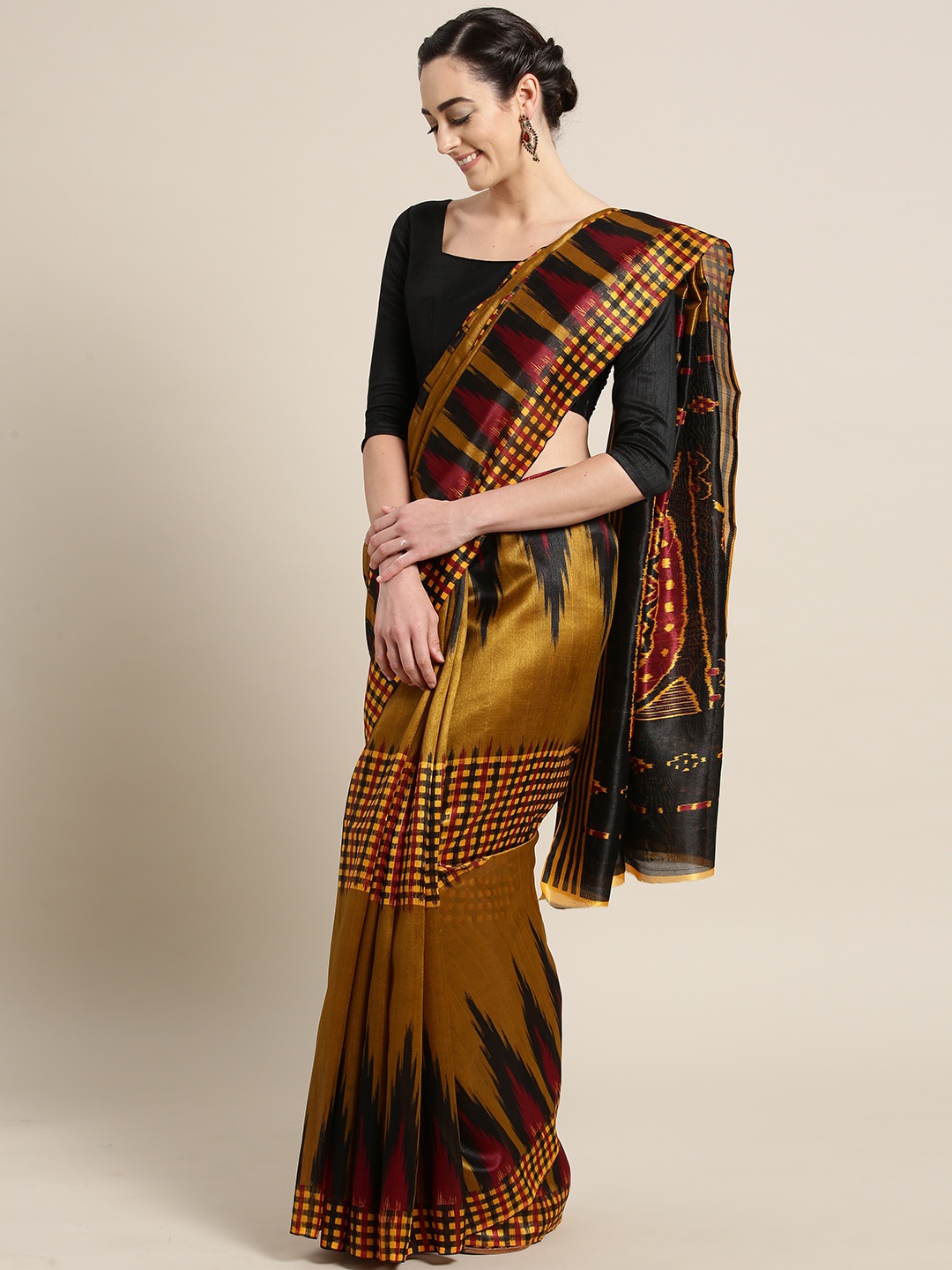 

Saree mall Mustard Brown & Black Printed Saree