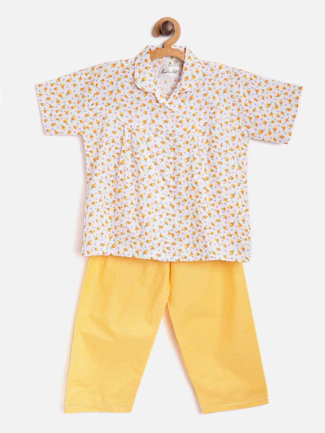 

BownBee Girls White & Yellow Printed Night suit BNS040OR06