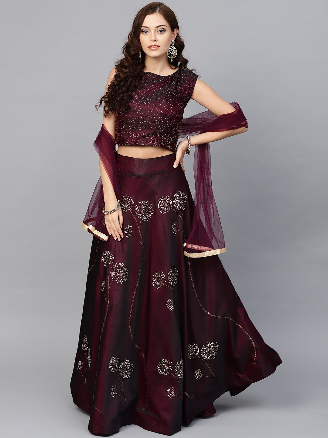 

Chhabra 555 Women Burgundy Made to Measure Embellished Lehenga Choli with Dupatta