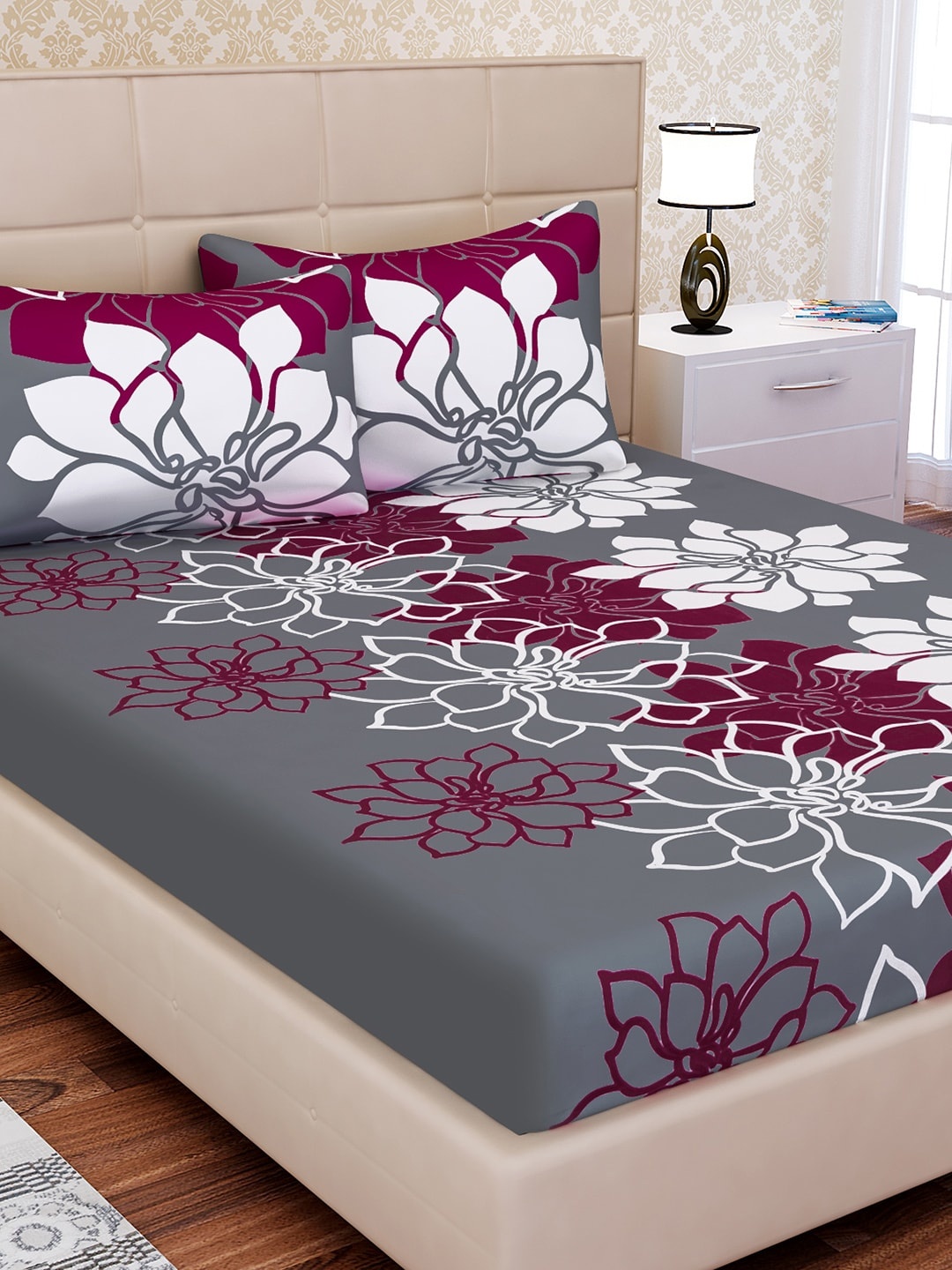 

SEJ by Nisha Gupta Grey & Pink Floral 144 TC Cotton 1 King Bedsheet with 2 Pillow Covers